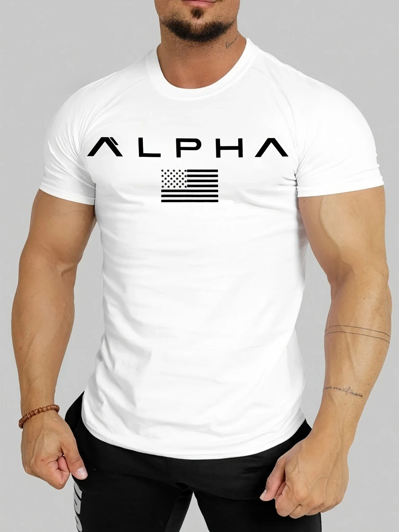2026 New Summer Men's ALPHA Print Muscle T-Shirt Slim Fit Short Sleeve Breathable Quick Dry Gym Workout Fitness Casual Tops