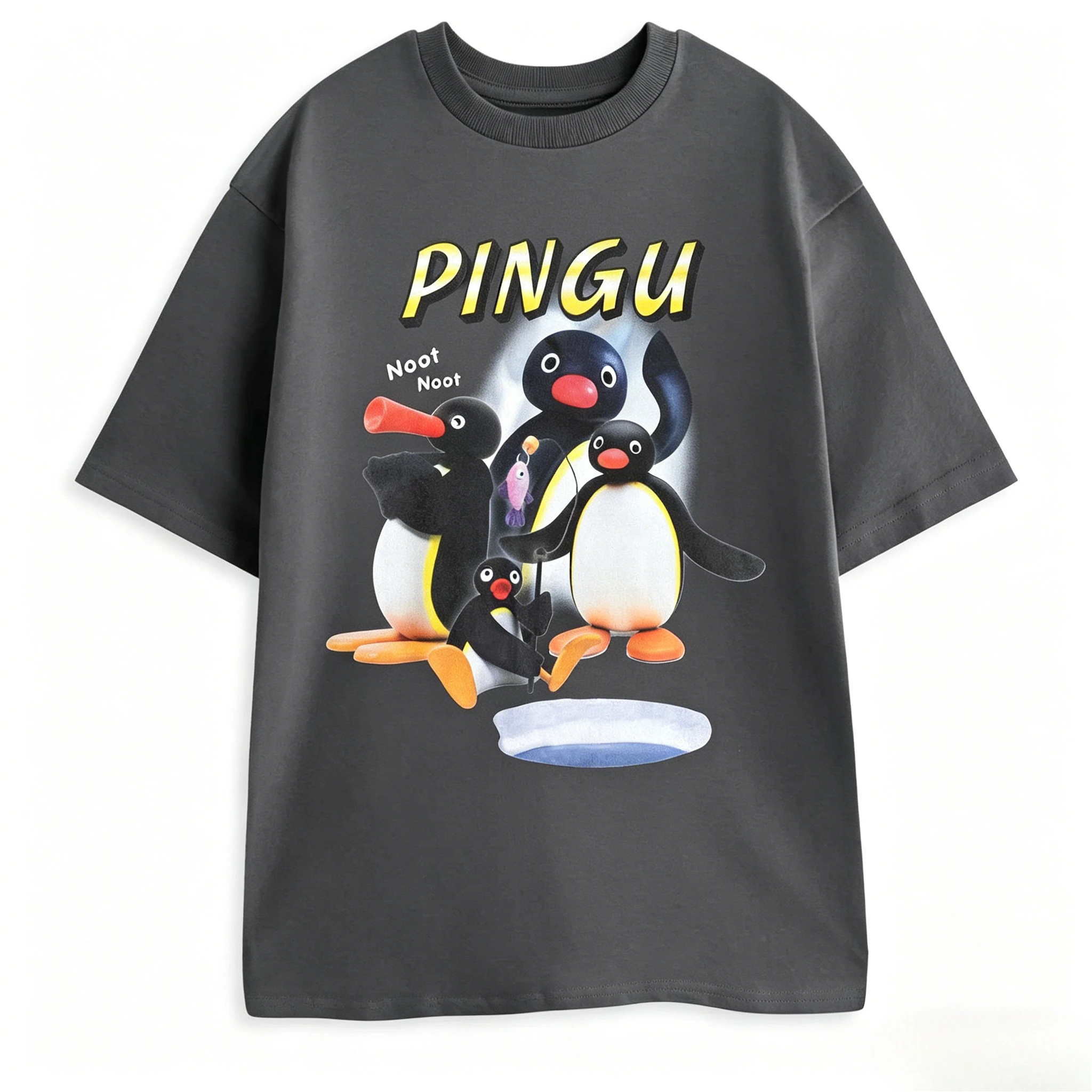 Pingu Noot Black Graphic Tee Penguin Character Catchphrase 'Noot Noot!' Print Cartoon Top for Casual Wear 2026 Summer Men Women