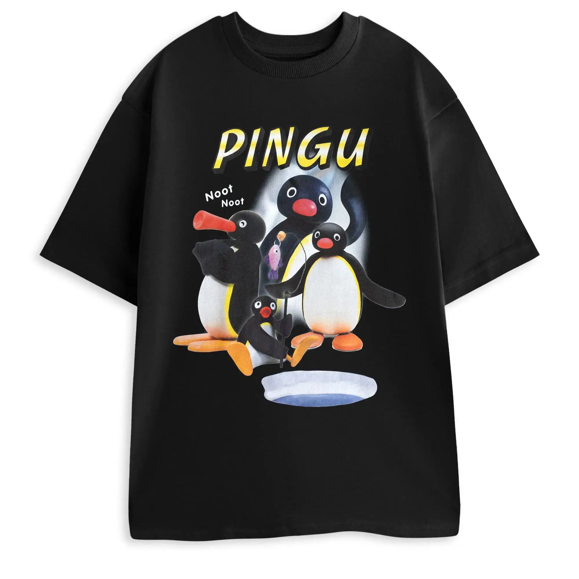 Pingu Noot Black Graphic Tee Penguin Character Catchphrase 'Noot Noot!' Print Cartoon Top for Casual Wear 2026 Summer Men Women