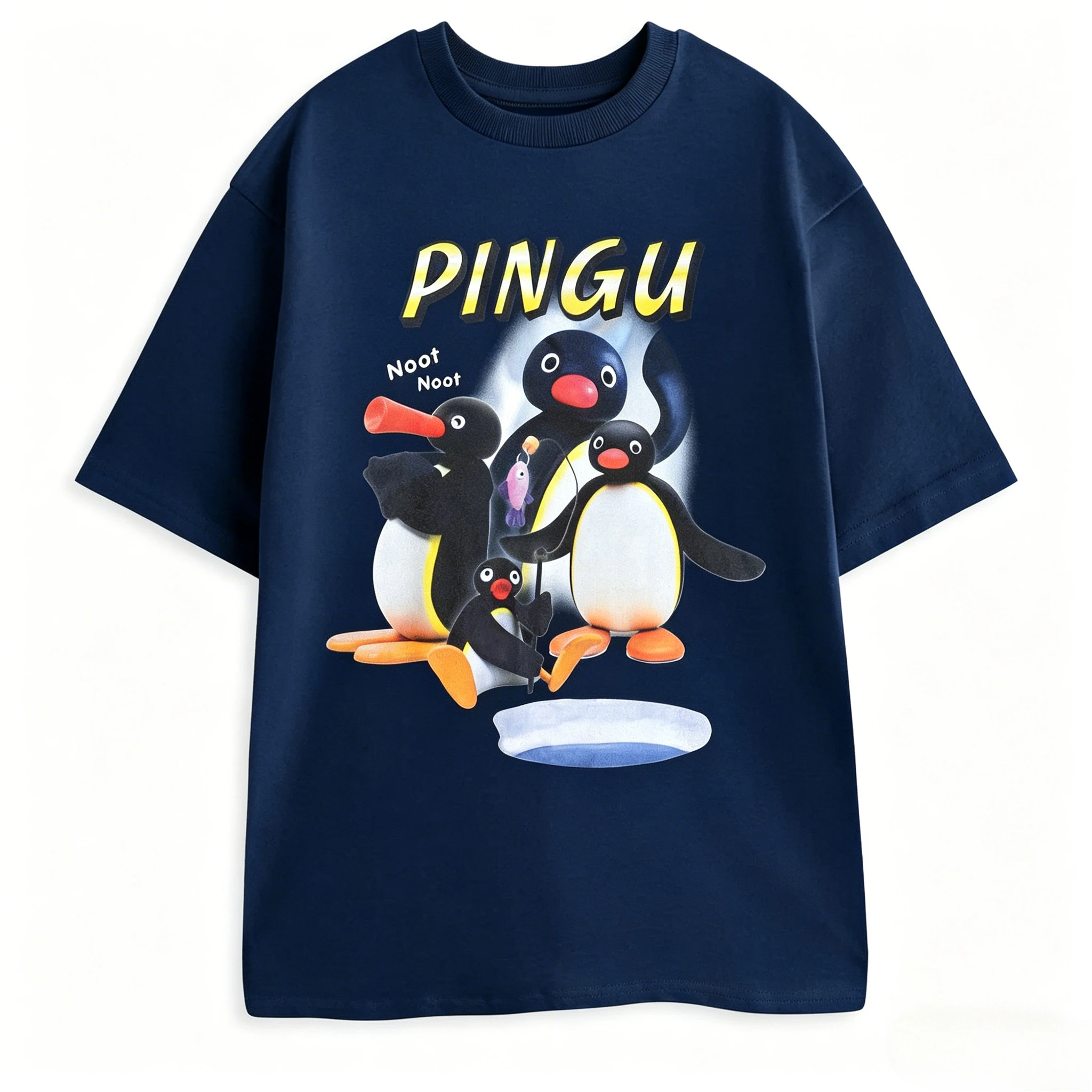 Pingu Noot Black Graphic Tee Penguin Character Catchphrase 'Noot Noot!' Print Cartoon Top for Casual Wear 2026 Summer Men Women