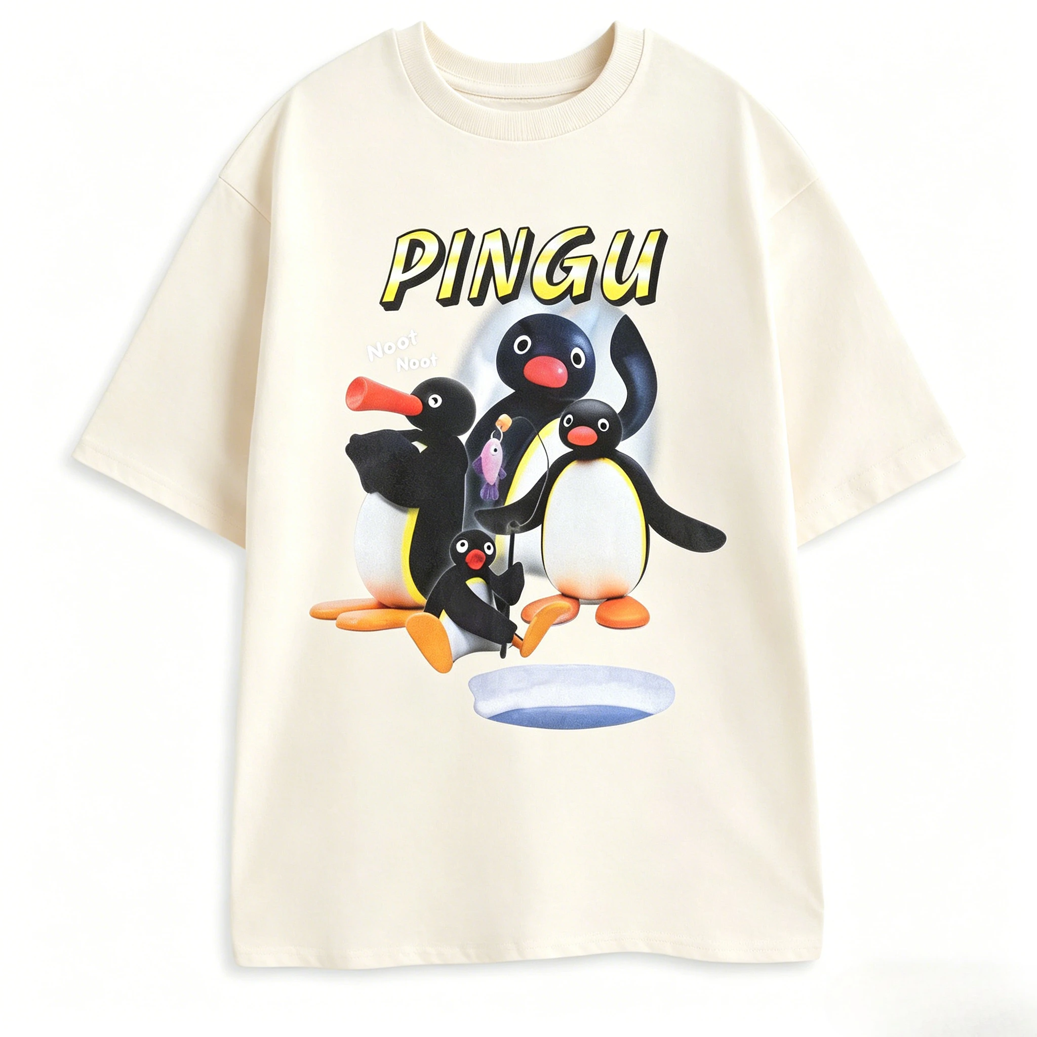 Pingu Noot Black Graphic Tee Penguin Character Catchphrase 'Noot Noot!' Print Cartoon Top for Casual Wear 2026 Summer Men Women