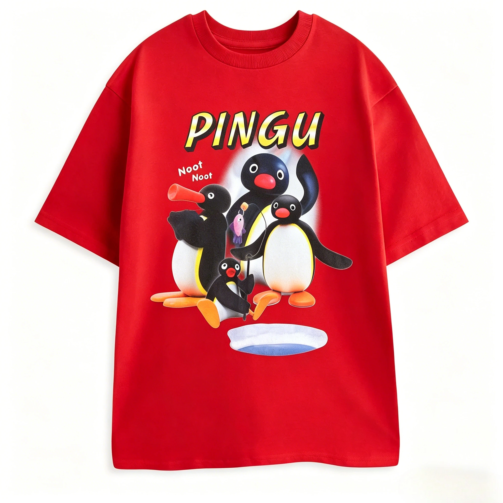 Pingu Noot Black Graphic Tee Penguin Character Catchphrase 'Noot Noot!' Print Cartoon Top for Casual Wear 2026 Summer Men Women