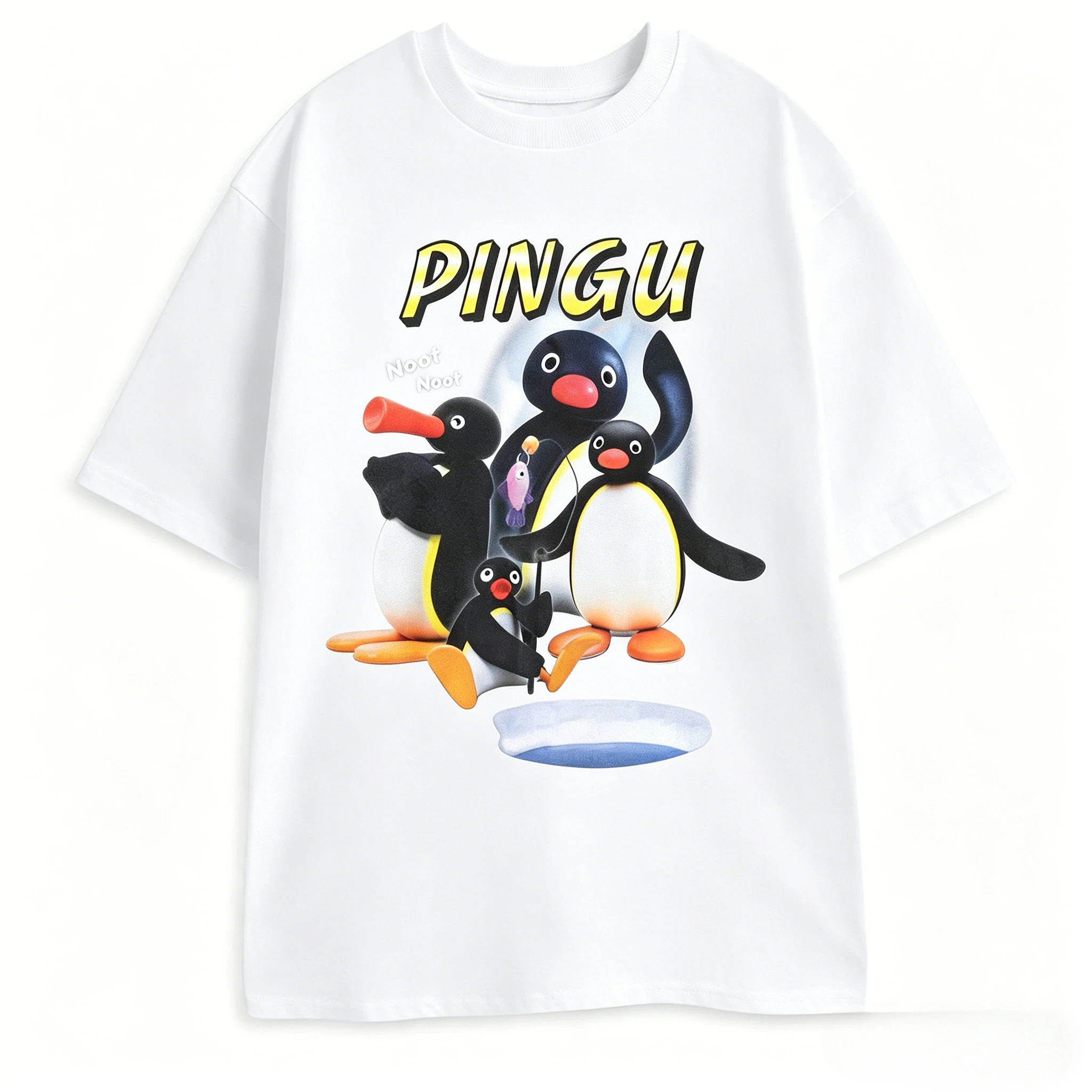 Pingu Noot Black Graphic Tee Penguin Character Catchphrase 'Noot Noot!' Print Cartoon Top for Casual Wear 2026 Summer Men Women