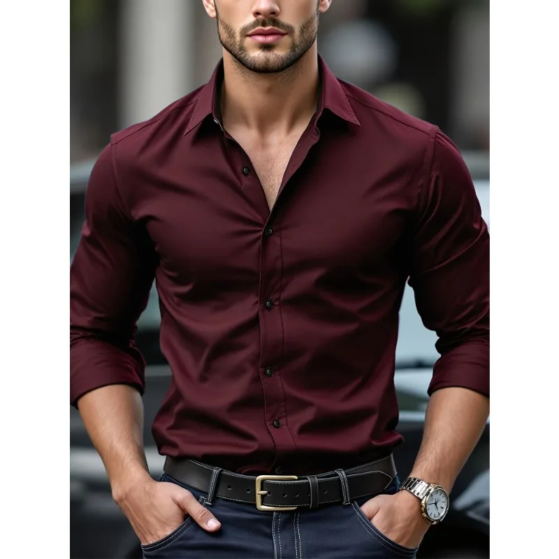 FGKKS New Men Shirt Brand New Solid Color Long Sleeve Elastic Fabric Men's Multiple Colors Male Quality Basic Shirt