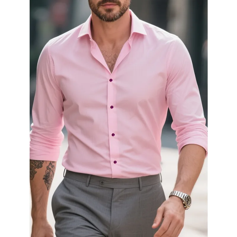 FGKKS New Men Shirt Brand New Solid Color Long Sleeve Elastic Fabric Men's Multiple Colors Male Quality Basic Shirt