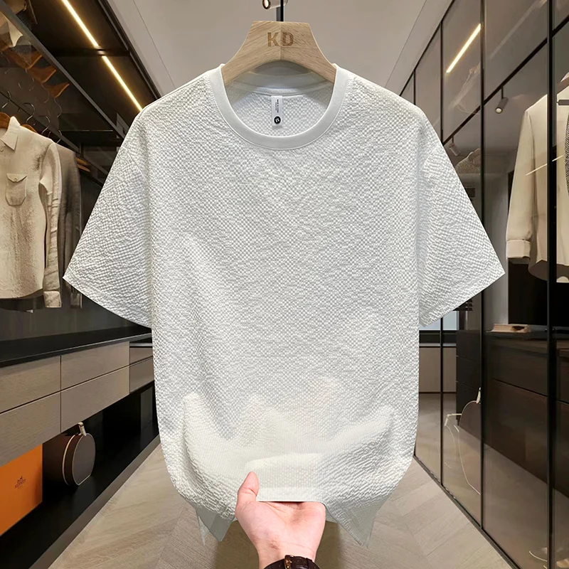 Summer Textured Seersucker Tee For Men Slim Fit Round Neck Short Sleeve Shirt Lightweight Breathable Top Mens Summer T Shirt