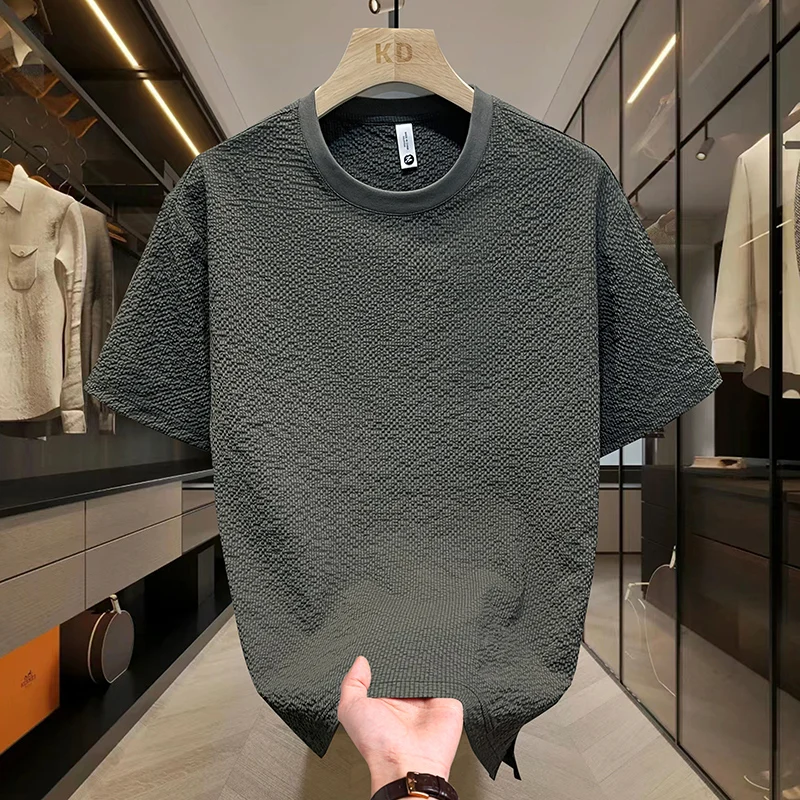 Summer Textured Seersucker Tee For Men Slim Fit Round Neck Short Sleeve Shirt Lightweight Breathable Top Mens Summer T Shirt