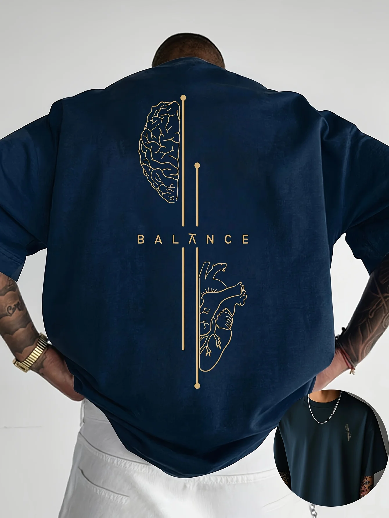 Brain and Heart Line Art Graphic Print 100% Cotton Mens T Shirt for Summer Streetwear Has A Sleek Minimalist Modern Aesthetic