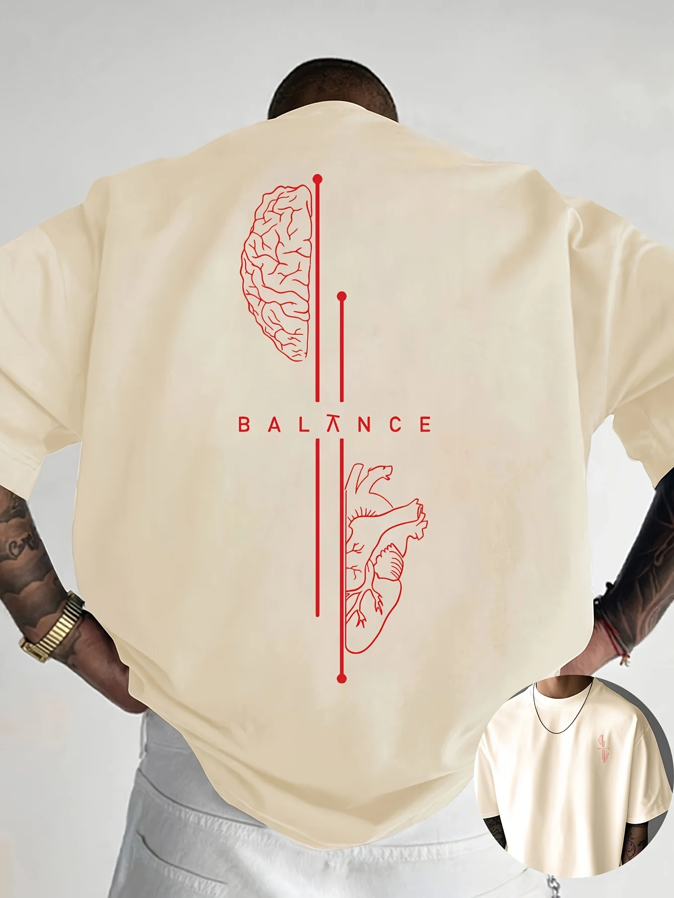 Brain and Heart Line Art Graphic Print 100% Cotton Mens T Shirt for Summer Streetwear Has A Sleek Minimalist Modern Aesthetic