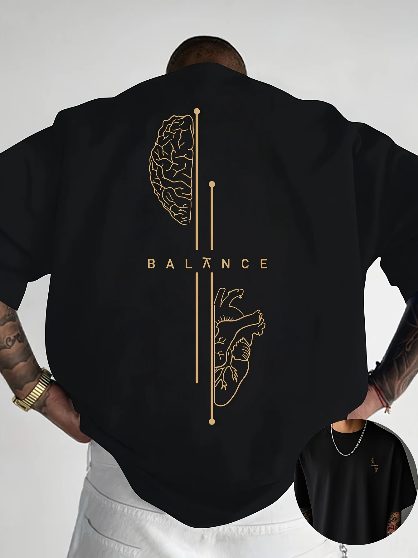 Brain and Heart Line Art Graphic Print 100% Cotton Mens T Shirt for Summer Streetwear Has A Sleek Minimalist Modern Aesthetic