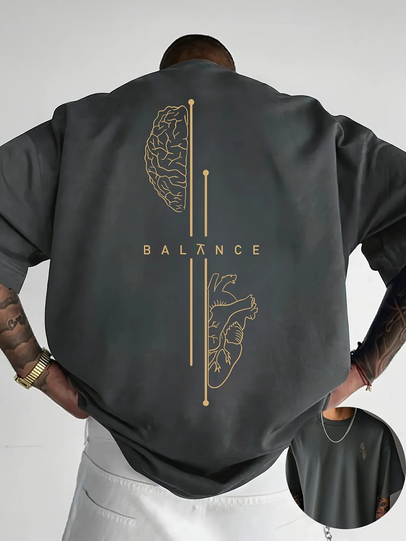 Brain and Heart Line Art Graphic Print 100% Cotton Mens T Shirt for Summer Streetwear Has A Sleek Minimalist Modern Aesthetic