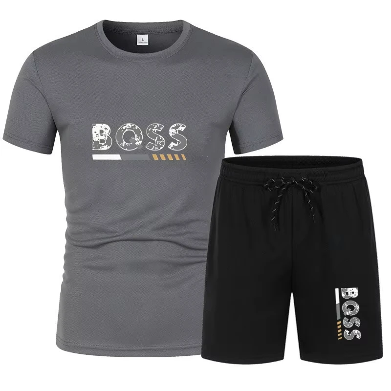 Men's summer sports short sleeve set, two-piece set, men's summer quick-dry sports set, breathable mesh short sleeve T-shirt and