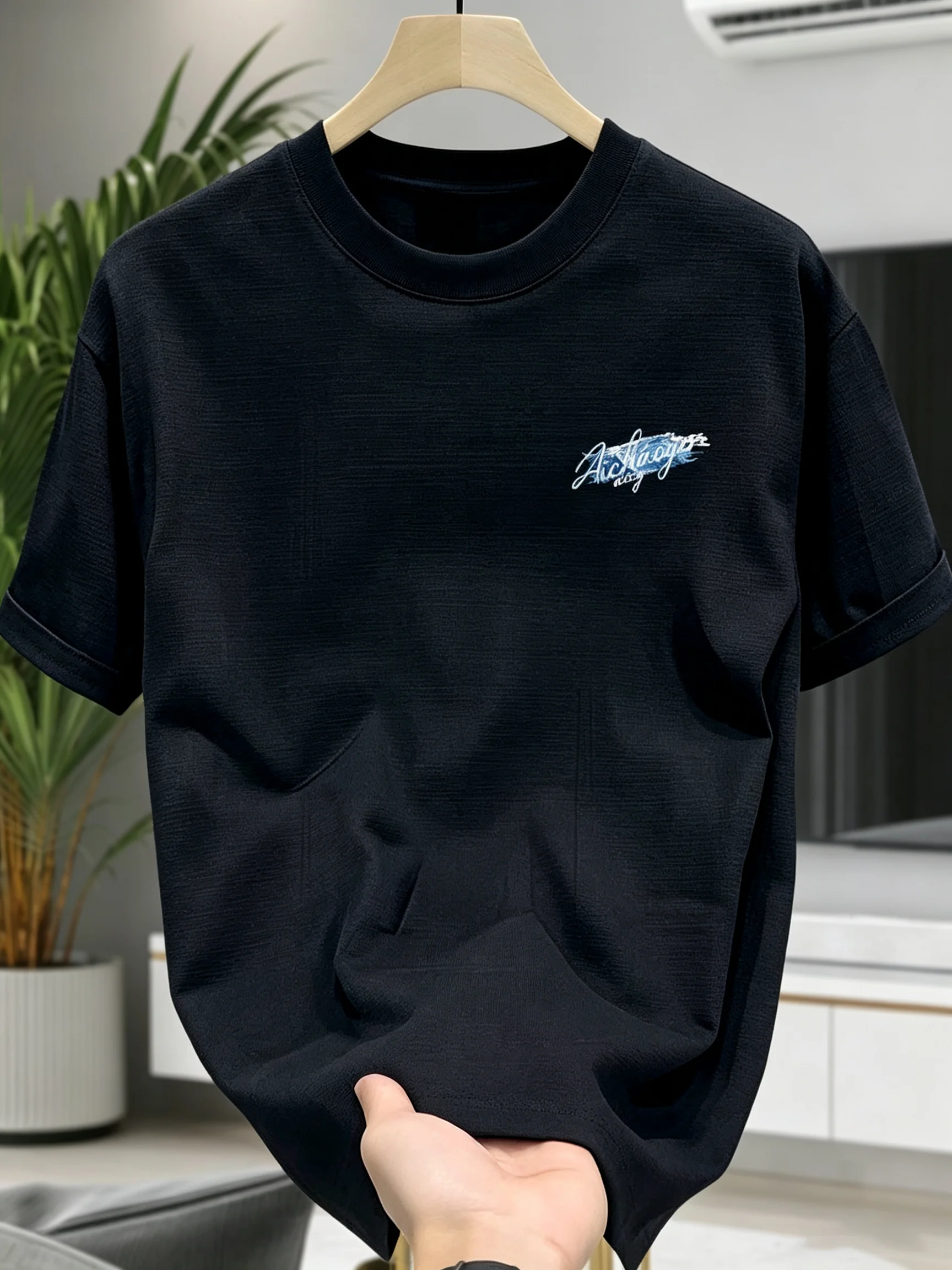 Vintage Glacier Mountain Blue Brush Stroke Letter Oversized Tshirt Men 100% Cotton Dual Print Hip Hop Loose Daily Short Sleeve T