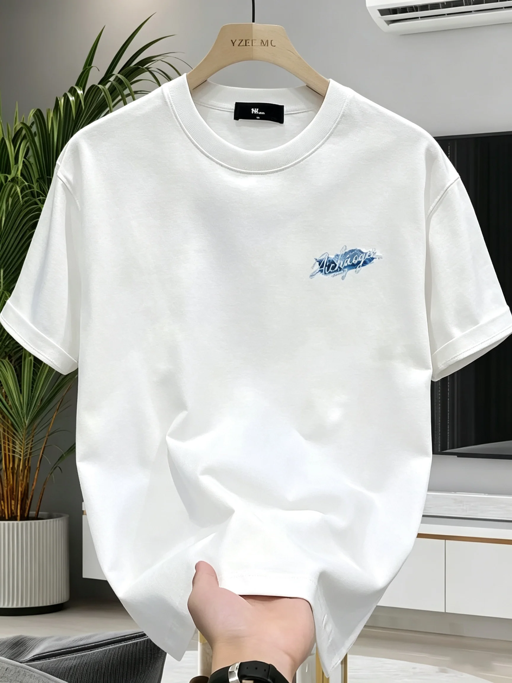 Vintage Glacier Mountain Blue Brush Stroke Letter Oversized Tshirt Men 100% Cotton Dual Print Hip Hop Loose Daily Short Sleeve T