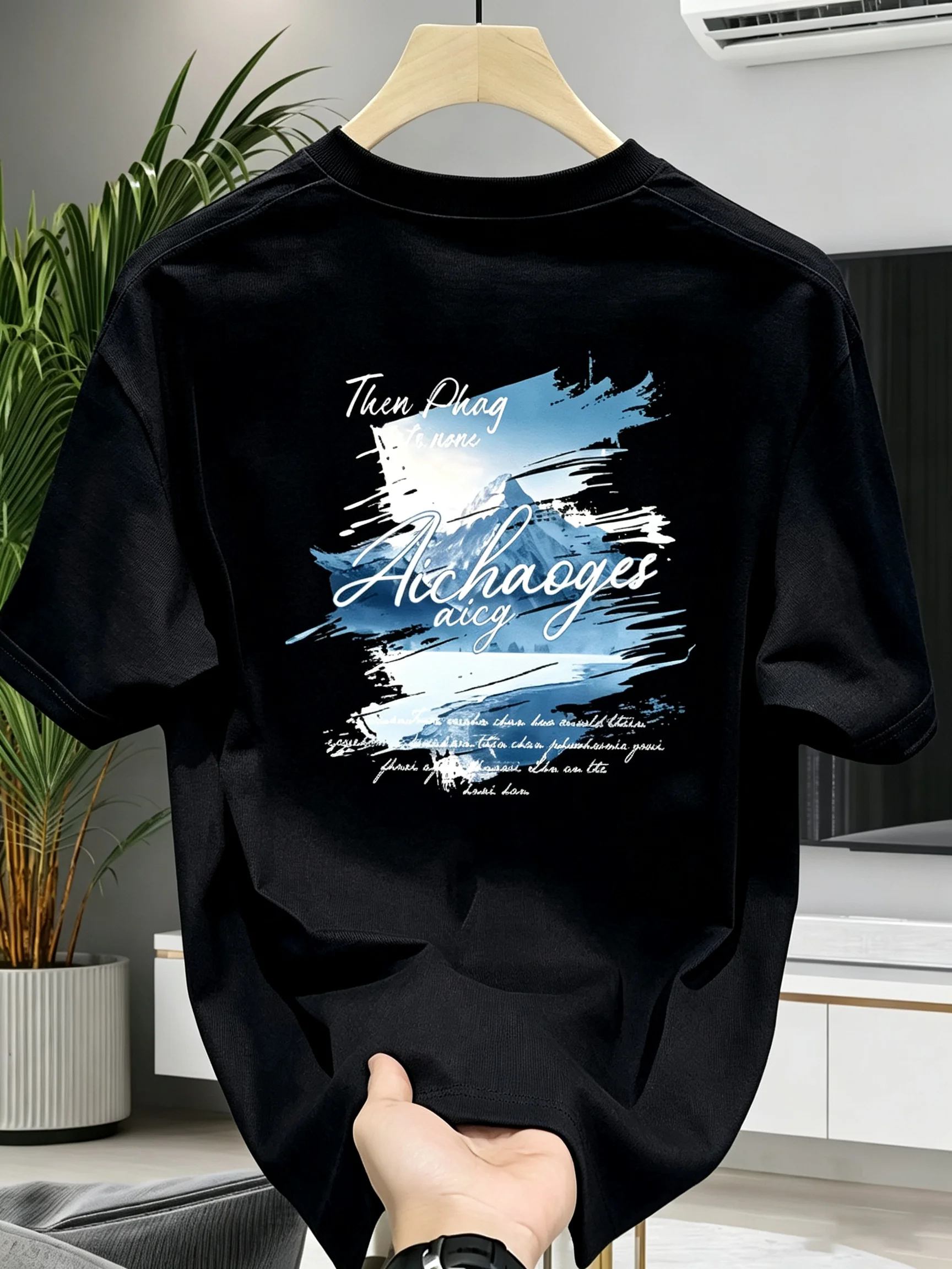 Vintage Glacier Mountain Blue Brush Stroke Letter Oversized Tshirt Men 100% Cotton Dual Print Hip Hop Loose Daily Short Sleeve T