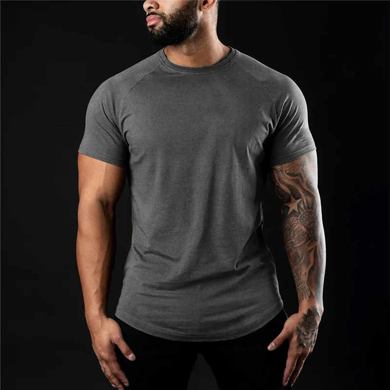 Men Cotton Gym t-Shirt Short Sleeve t-Shirts Male Round Neck Casual Tops Slim Fit t Shirt Breathable Soild Tee Shirt Man Clothes