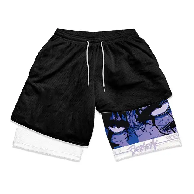 Summer men's double layered shorts men anime high waisted oversized breathable sports shorts training and fitness sports shorts