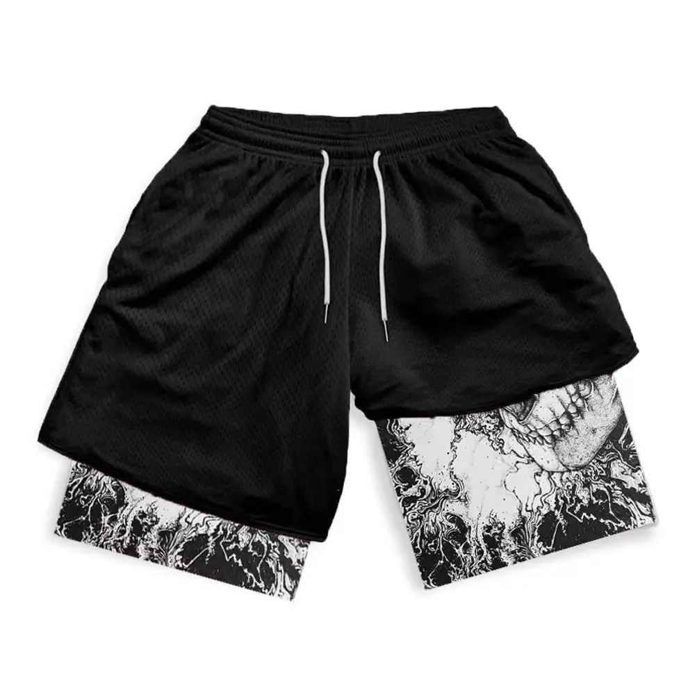 Summer men's double layered shorts men anime high waisted oversized breathable sports shorts training and fitness sports shorts