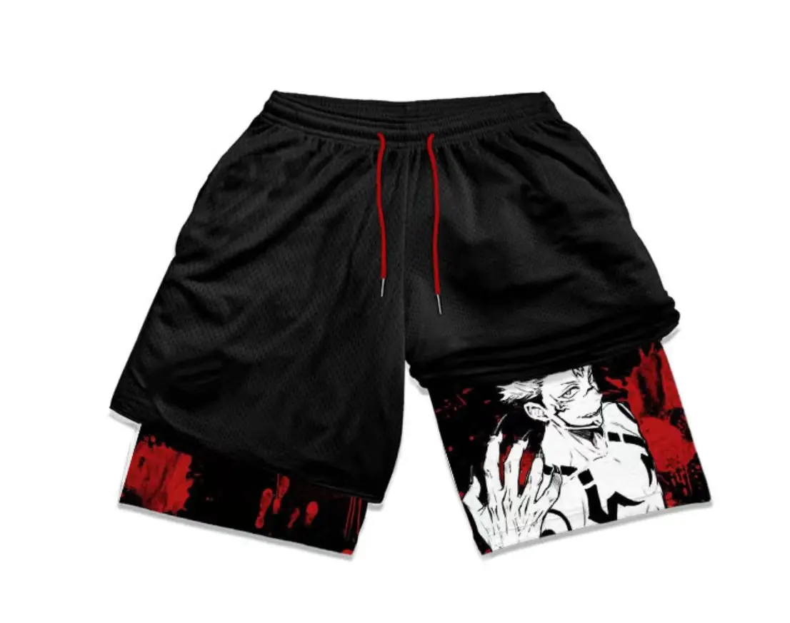 Summer men's double layered shorts men anime high waisted oversized breathable sports shorts training and fitness sports shorts