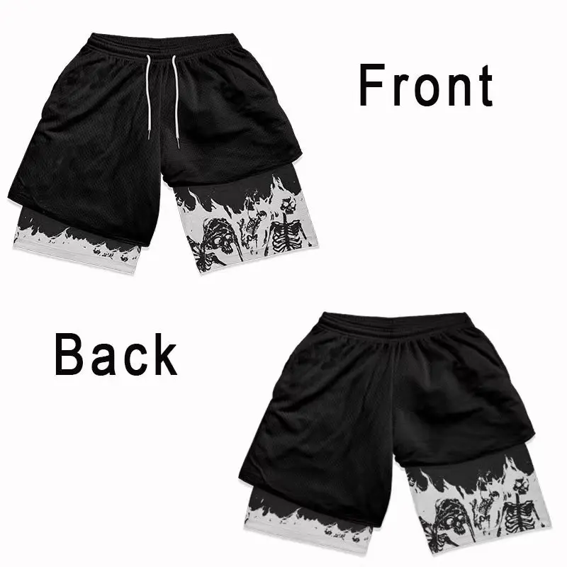 Summer men's double layered shorts men anime high waisted oversized breathable sports shorts training and fitness sports shorts