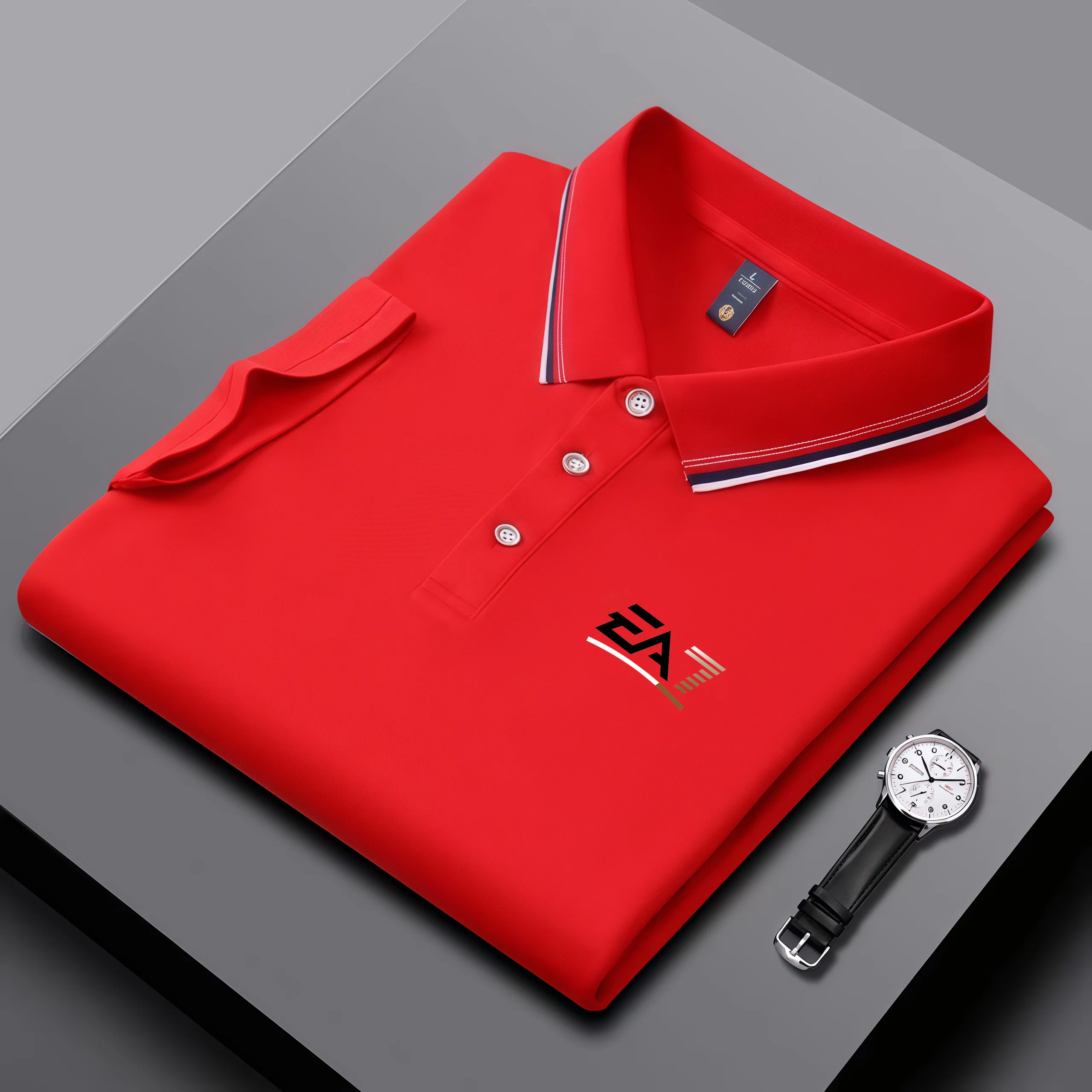 Men's summer trendy polo shirt, EA7 letter printed short sleeved striped collar, summer breathable casual business top