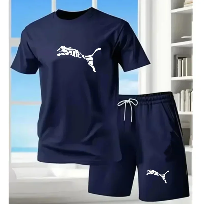 Men's new fashionable casual T-shirt shorts two-piece set 2026 men's summer outdoor sports breathable set