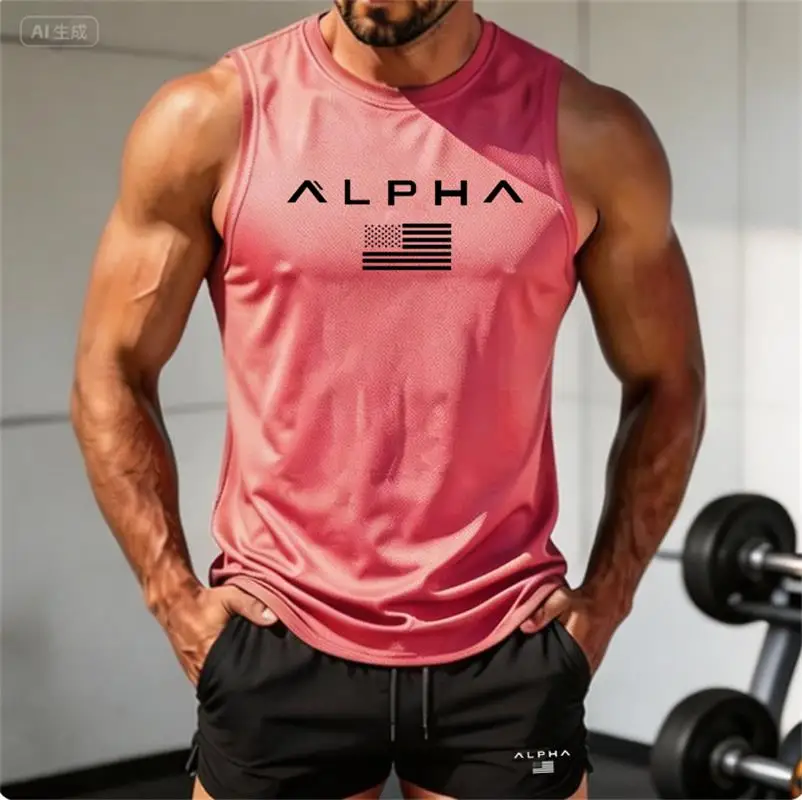 Summer Men Breathable Mesh Sleeveless Top Quick Dry Printed Tank Tops Gym Workout Running Training Sports Fitness SleevelessVest