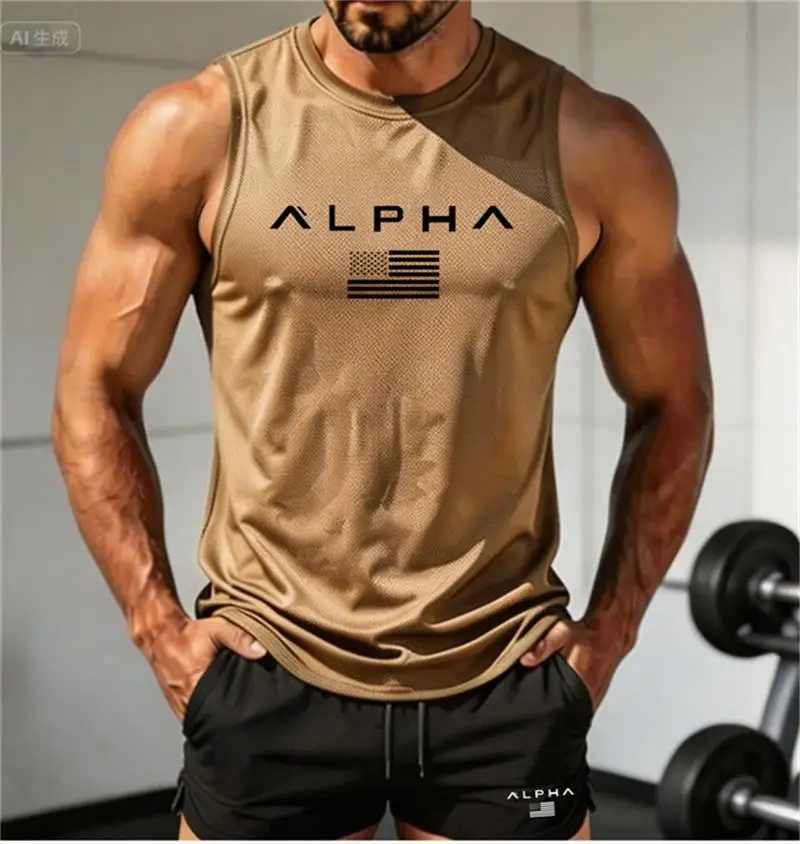 Summer Men Breathable Mesh Sleeveless Top Quick Dry Printed Tank Tops Gym Workout Running Training Sports Fitness SleevelessVest