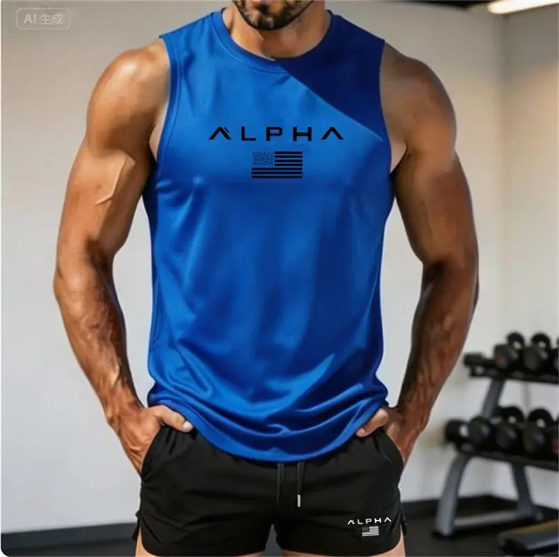 Summer Men Breathable Mesh Sleeveless Top Quick Dry Printed Tank Tops Gym Workout Running Training Sports Fitness SleevelessVest