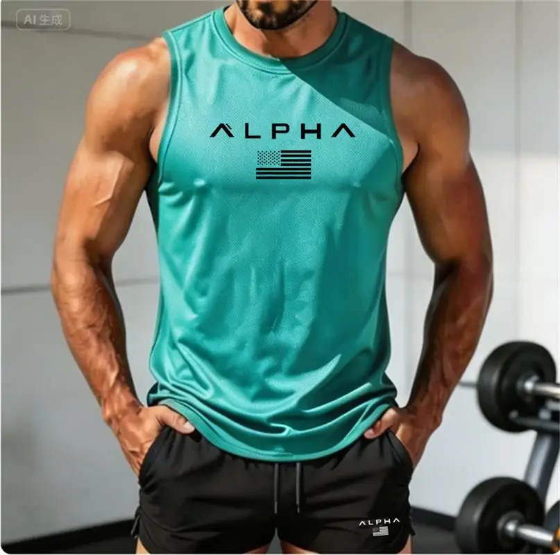 Summer Men Breathable Mesh Sleeveless Top Quick Dry Printed Tank Tops Gym Workout Running Training Sports Fitness SleevelessVest