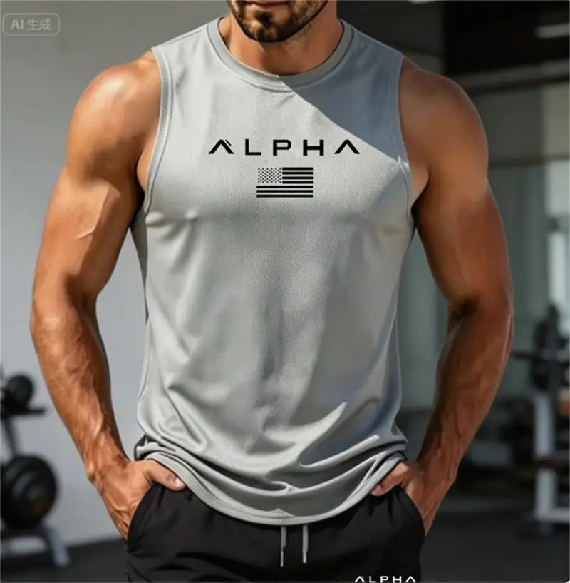 Summer Men Breathable Mesh Sleeveless Top Quick Dry Printed Tank Tops Gym Workout Running Training Sports Fitness SleevelessVest