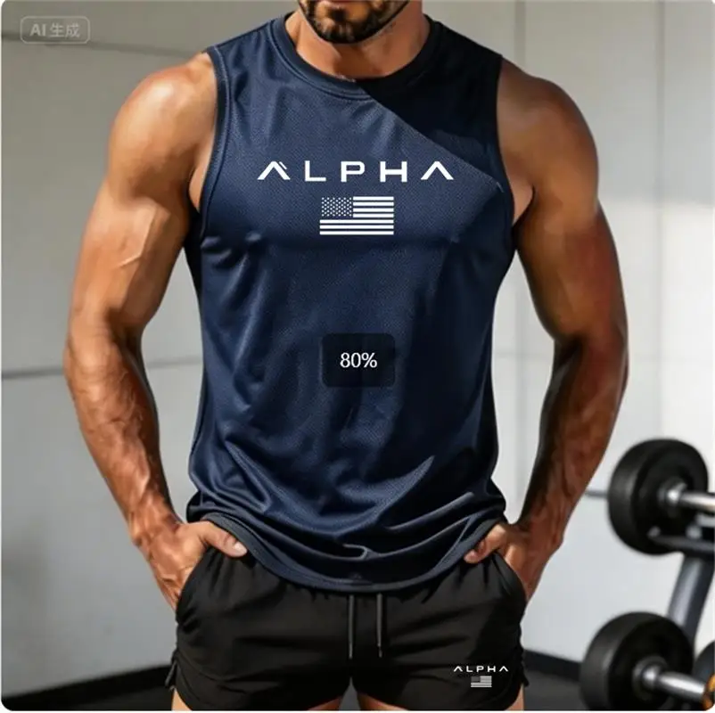 Summer Men Breathable Mesh Sleeveless Top Quick Dry Printed Tank Tops Gym Workout Running Training Sports Fitness SleevelessVest