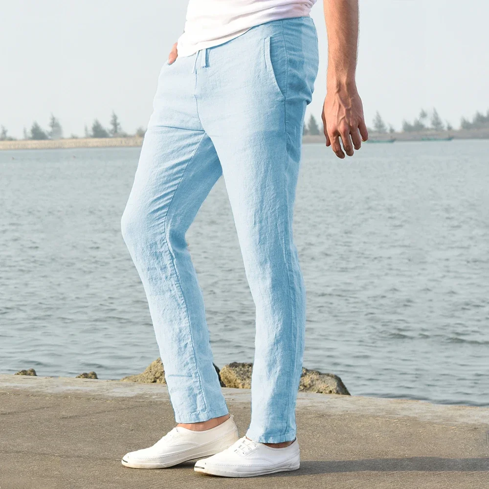 2025 Men's Stand Pocket Casual Linen Pants Solid White Gray Trouser Plus Size 3xl Mens Elegant Fashion Sweatpants Men Streetwear