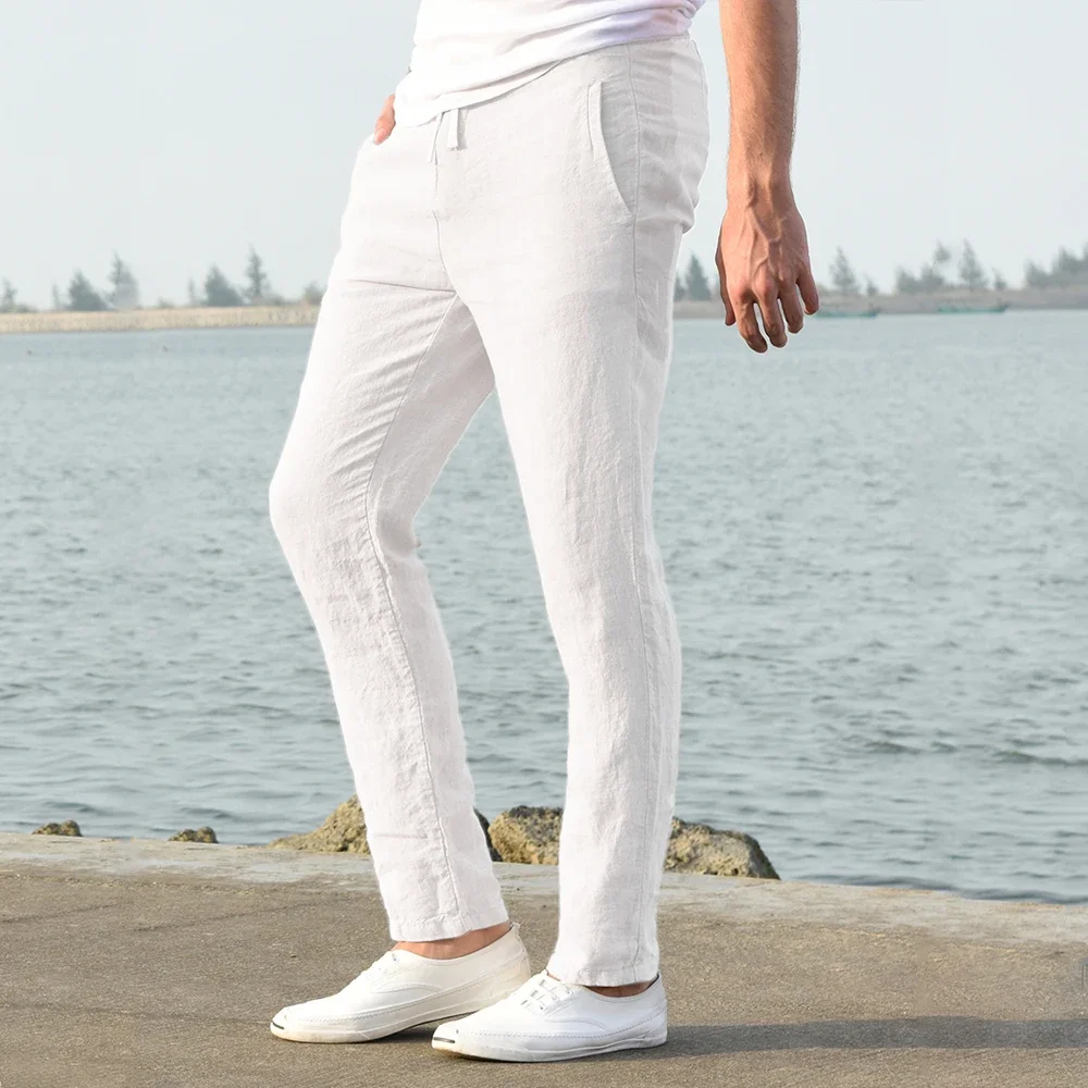 2025 Men's Stand Pocket Casual Linen Pants Solid White Gray Trouser Plus Size 3xl Mens Elegant Fashion Sweatpants Men Streetwear