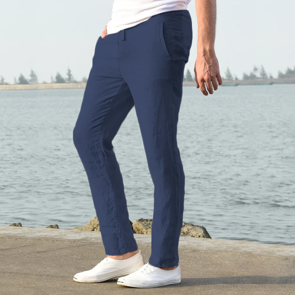 2025 Men's Stand Pocket Casual Linen Pants Solid White Gray Trouser Plus Size 3xl Mens Elegant Fashion Sweatpants Men Streetwear