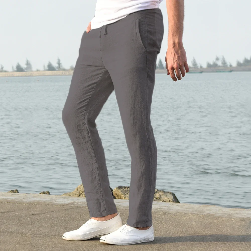 2025 Men's Stand Pocket Casual Linen Pants Solid White Gray Trouser Plus Size 3xl Mens Elegant Fashion Sweatpants Men Streetwear