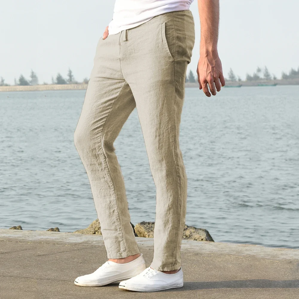 2025 Men's Stand Pocket Casual Linen Pants Solid White Gray Trouser Plus Size 3xl Mens Elegant Fashion Sweatpants Men Streetwear