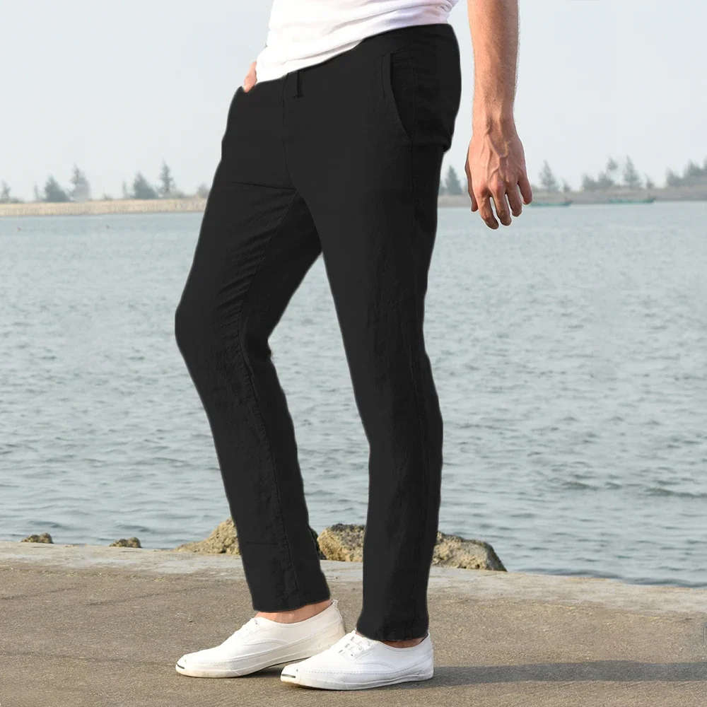 2025 Men's Stand Pocket Casual Linen Pants Solid White Gray Trouser Plus Size 3xl Mens Elegant Fashion Sweatpants Men Streetwear
