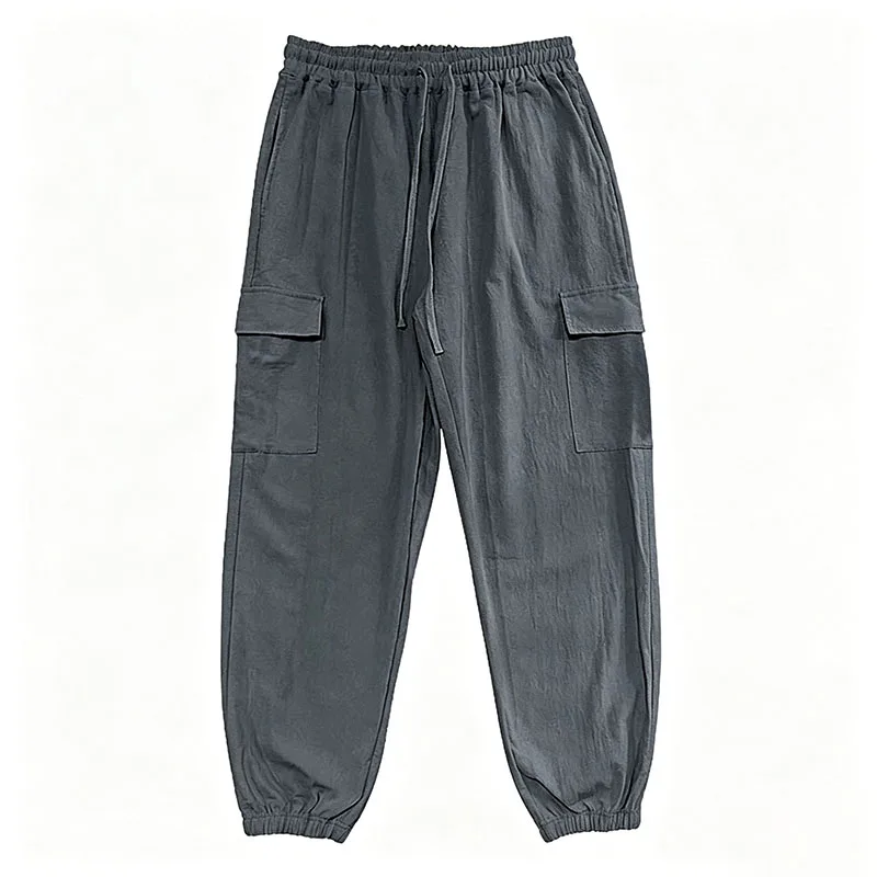 Men's Cotton Linen Blend Cargo Jogger Pants Elastic Waist Drawstring Multi Pockets Casual Breathable Streetwear Trousers for Men