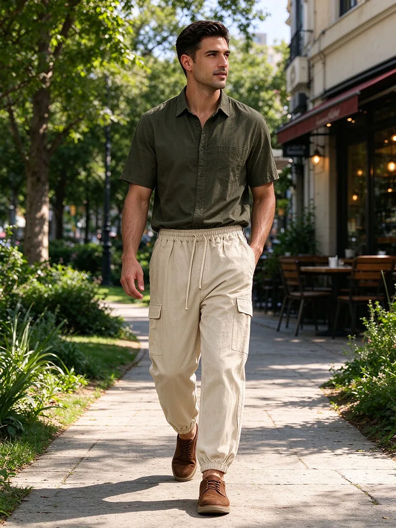 Men's Cotton Linen Blend Cargo Jogger Pants Elastic Waist Drawstring Multi Pockets Casual Breathable Streetwear Trousers for Men