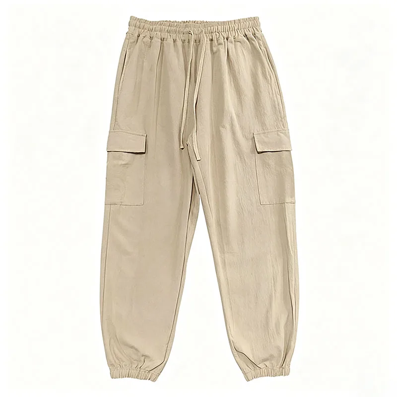 Men's Cotton Linen Blend Cargo Jogger Pants Elastic Waist Drawstring Multi Pockets Casual Breathable Streetwear Trousers for Men