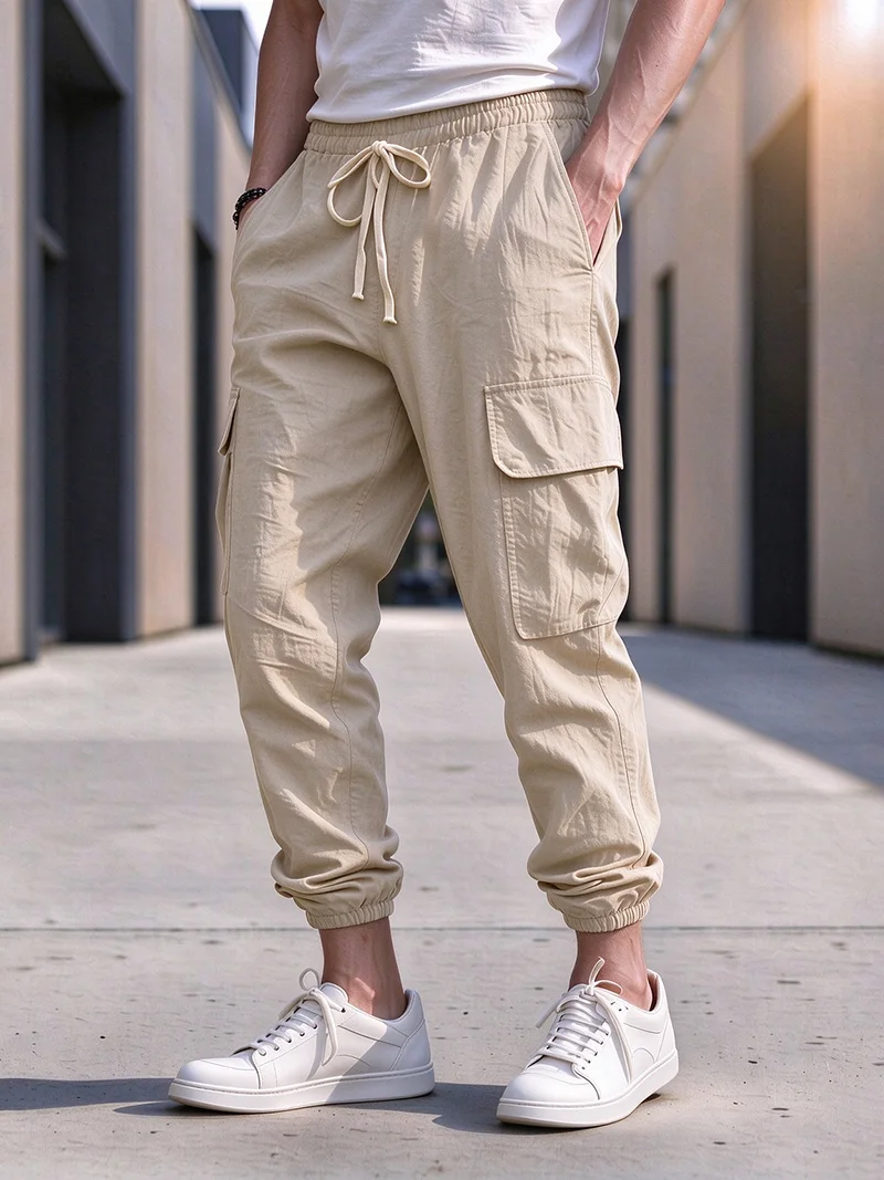 Men's Cotton Linen Blend Cargo Jogger Pants Elastic Waist Drawstring Multi Pockets Casual Breathable Streetwear Trousers for Men