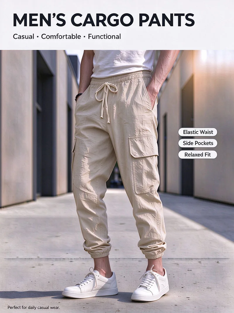 Men's Cotton Linen Blend Cargo Jogger Pants Elastic Waist Drawstring Multi Pockets Casual Breathable Streetwear Trousers for Men