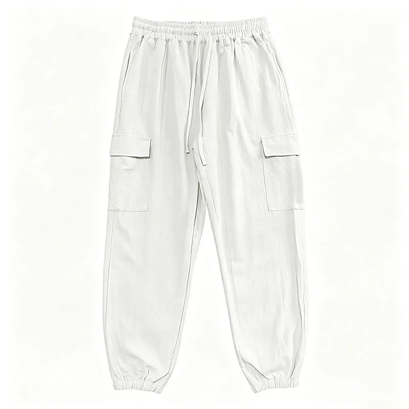 Men's Cotton Linen Blend Cargo Jogger Pants Elastic Waist Drawstring Multi Pockets Casual Breathable Streetwear Trousers for Men