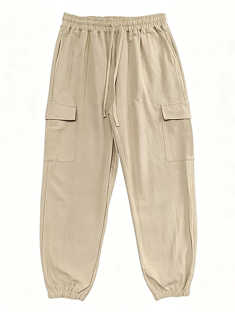 Men's Cotton Linen Blend Cargo Jogger Pants Elastic Waist Drawstring Multi Pockets Casual Breathable Streetwear Trousers for Men