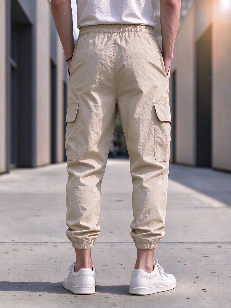 Men's Cotton Linen Blend Cargo Jogger Pants Elastic Waist Drawstring Multi Pockets Casual Breathable Streetwear Trousers for Men