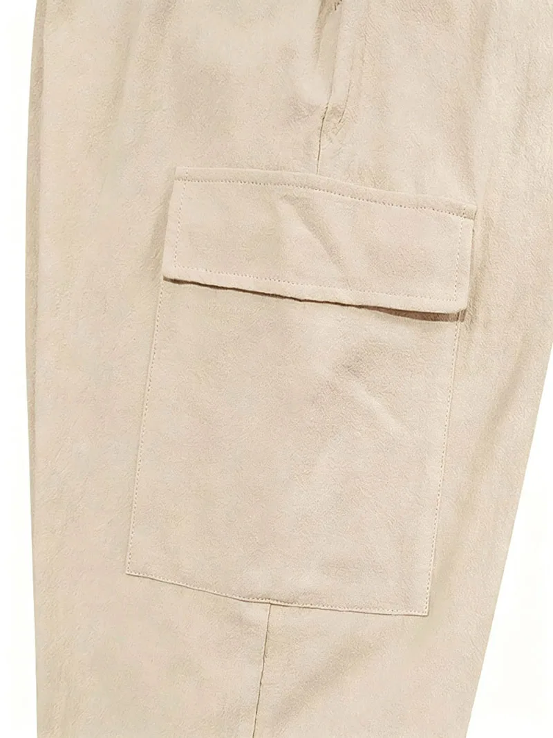 Men's Cotton Linen Blend Cargo Jogger Pants Elastic Waist Drawstring Multi Pockets Casual Breathable Streetwear Trousers for Men