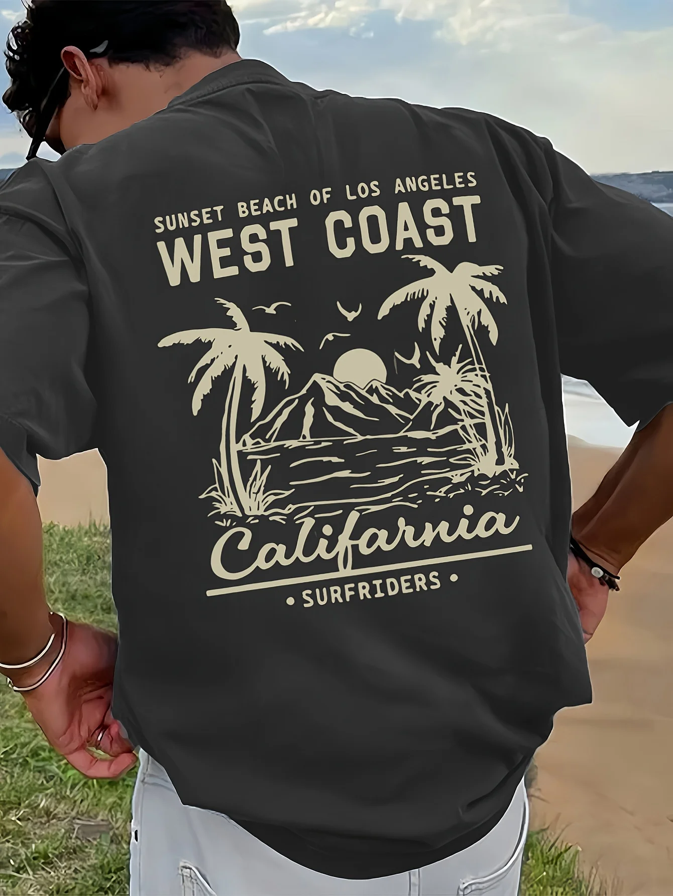 Men's 100% Pure Cotton Casual Loose Retro California Beach Surfing Pattern Printed Round Neck Short Sleeved T-Shirt Top