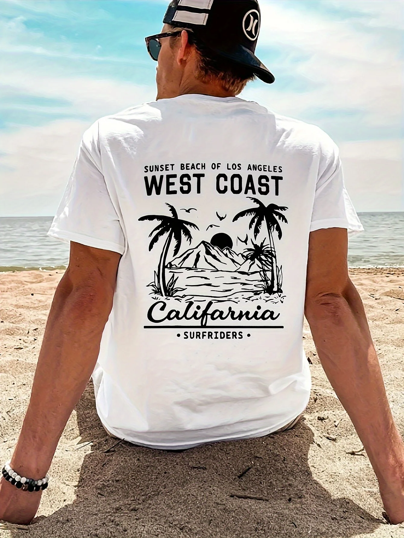 Men's 100% Pure Cotton Casual Loose Retro California Beach Surfing Pattern Printed Round Neck Short Sleeved T-Shirt Top