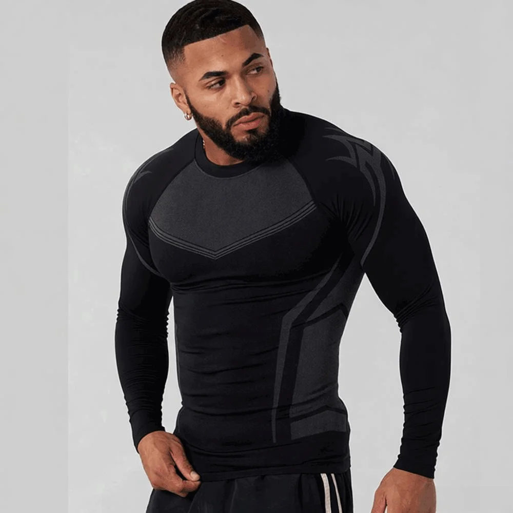 Men's Compression Long Sleeve Shirt Superhero Bat Print Workout Tops Breathable Quick Dry Athletic Base Layer for Gym Running Tr